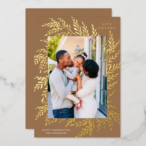 Botanical Frame Thanksgiving Photo Gold Foil Holiday Card