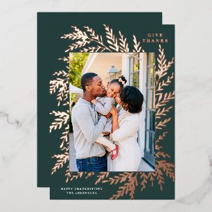 Botanical Frame Thanksgiving Photo Rose Gold       Foil Holiday Card