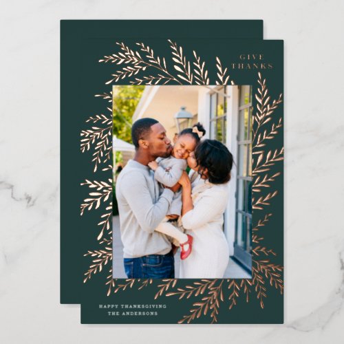 Botanical Frame Thanksgiving Photo Rose Gold       Foil Holiday Card