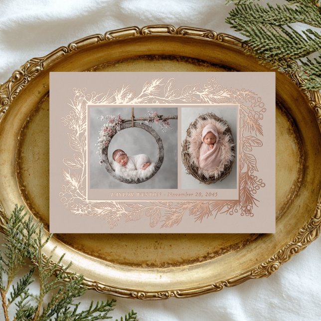 Botanical Frame Winter Foliage New Baby Birth Foil Holiday Card (Creator Uploaded)