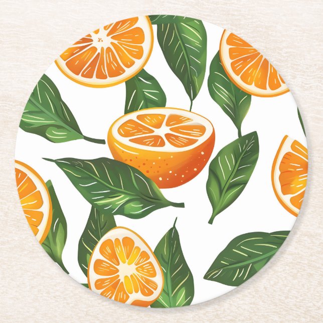 Botanical Fruit Orange Citrus Seamless Round Paper Coaster (Front)