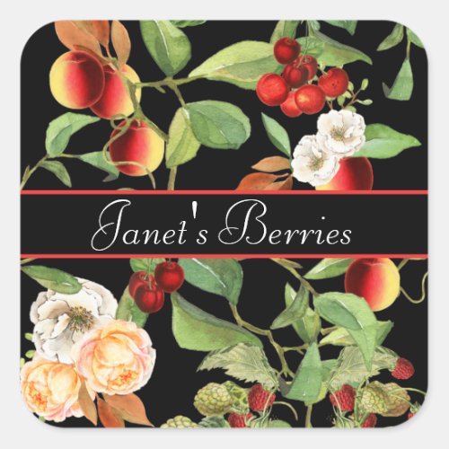 Botanical Fruits and Berries on Black Square Sticker