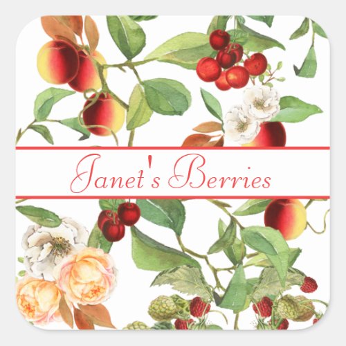 Botanical Fruits and Berries on White Square Sticker