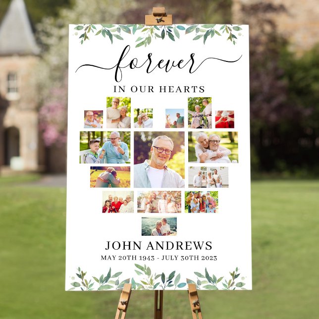 Botanical Funeral Poster with Heart Collage (Create a poster to use as a  Funeral Welcome Sign )