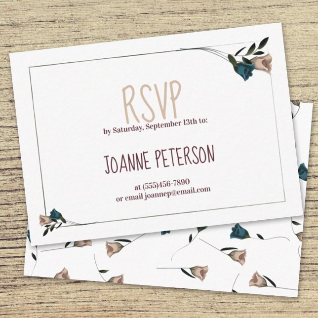Botanical Garden Beige, Teal Roses Floral RSVP Enclosure Card (Simple Roses Botanical RSVP Card, Enclosure Card Beige Teal Frame)