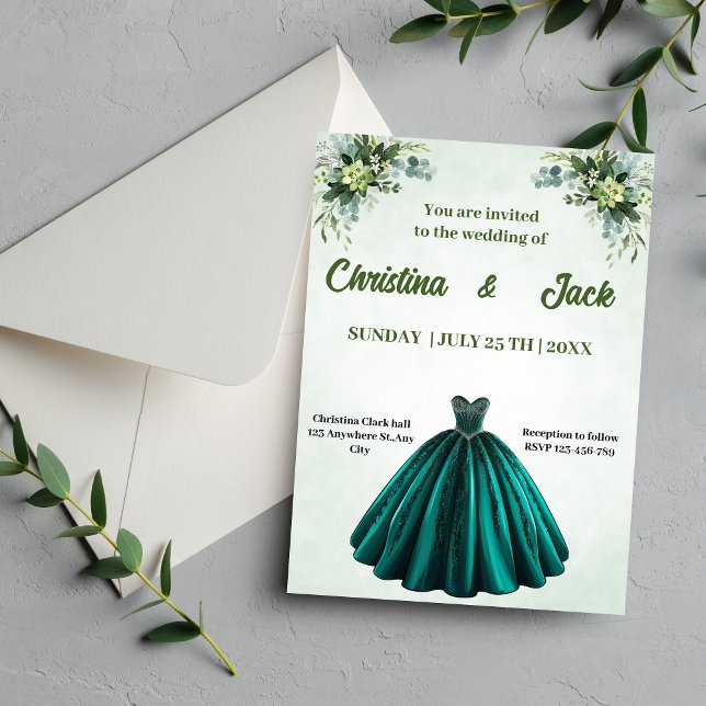 Botanical Garden Design Emerald Ballgown Wedding Invitation (Creator Uploaded)