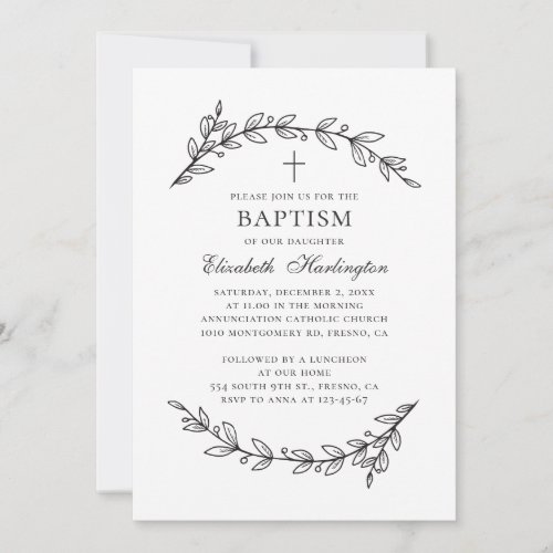Botanical garden. Elegant black and white baptism Invitation