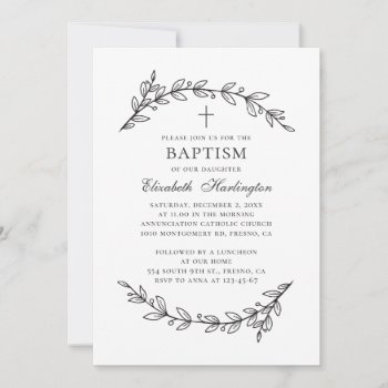 Botanical Garden. Elegant Black And White Baptism Invitation by RemioniArt at Zazzle