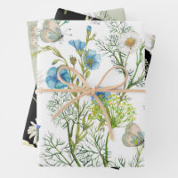 Colorful Floral-Black, White & Blue Background Wrapping Paper