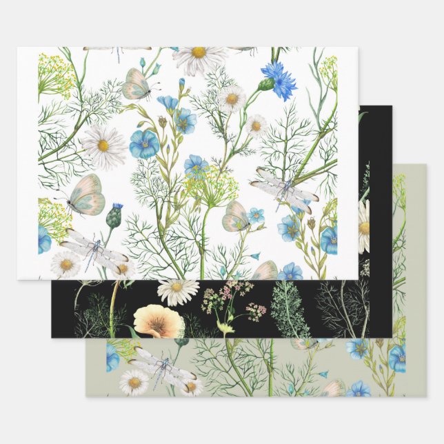 Botanical Garden Flowers Herbs Dragonflies Wrapping Paper Sheets (Set)