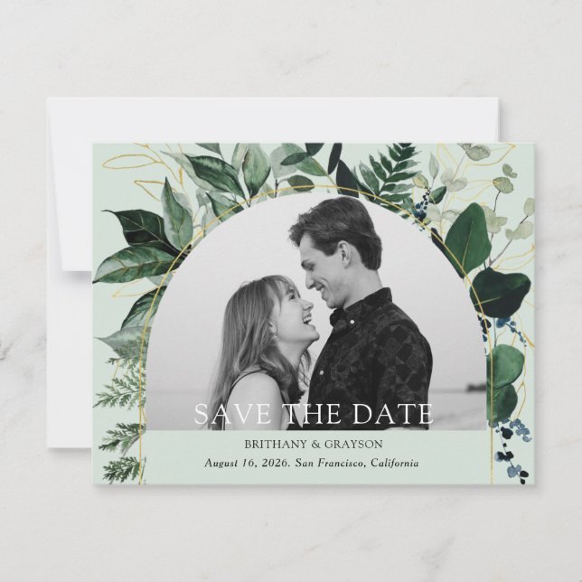Botanical Garden Modern arched photo save the date (Front)