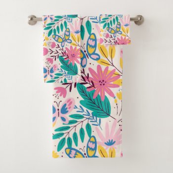 Botanical Garden Spring Flowers And Leaves Pattern Bath Towel Set by ReligiousStore at Zazzle