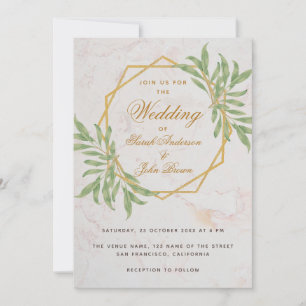 Botanical Geometric Greenery Gold Marble Wedding Invitation