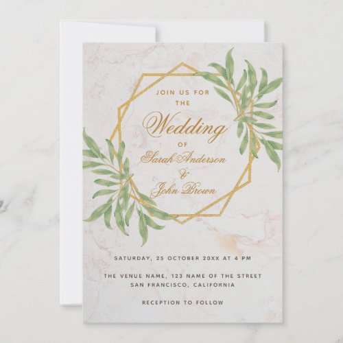 Botanical Geometric Greenery Gold Marble Wedding  Invitation