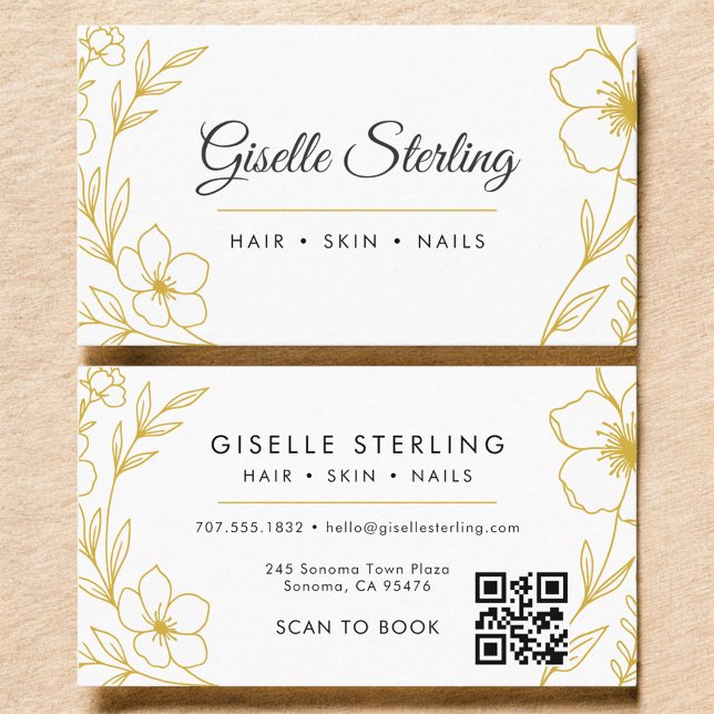 Botanical Gold and White QR Code Beauty Salon Business Card (Creator Uploaded)