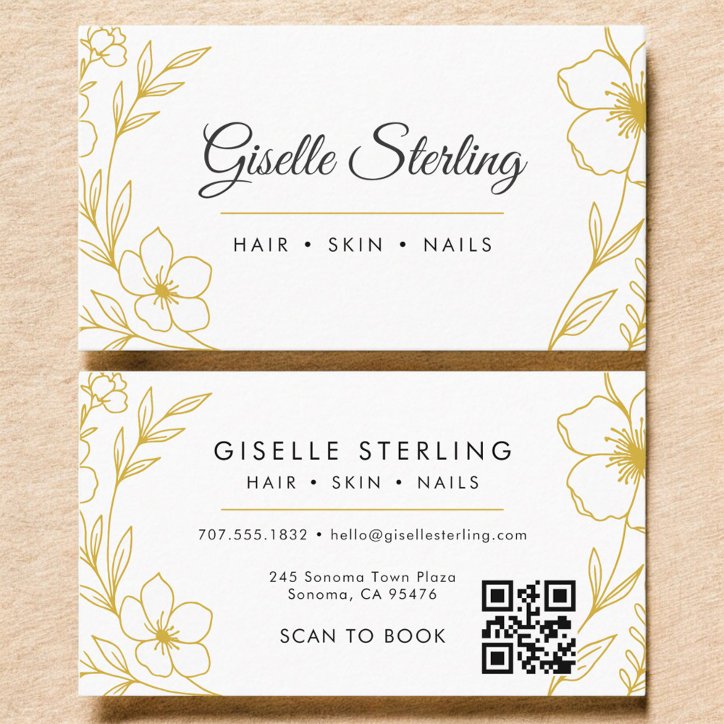Botanical Gold And White QR Code Beauty Salon Business Card