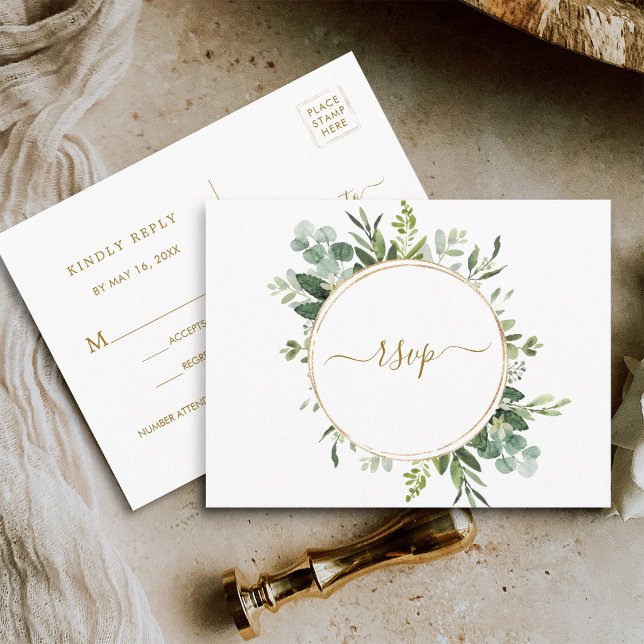 Botanical Gold Circle Wreath Wedding RSVP Invitation Postcard (Front & Back
)