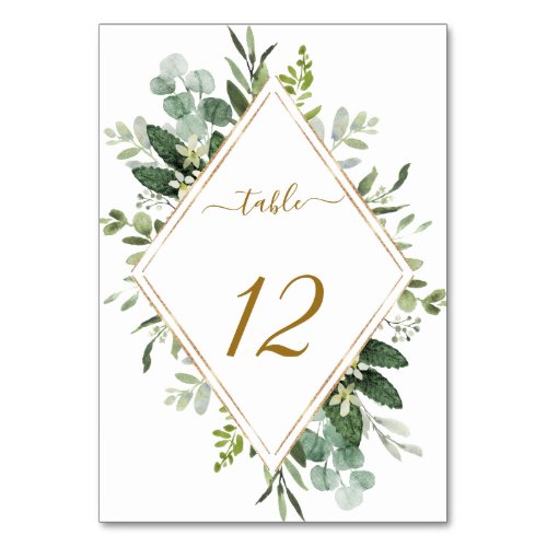 Botanical Gold Diamond Frame Greenery Wedding  Tab Table Number