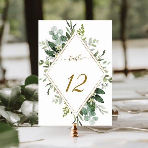 Botanical Gold Diamond Frame Greenery Wedding  Tab Table Number