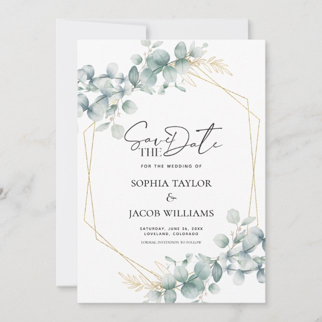 Botanical Gold Eucalyptus Greenery Wedding Save The Date (Front)