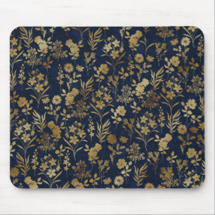 Botanical Gold Flowers Blue Pattern Mouse Pad