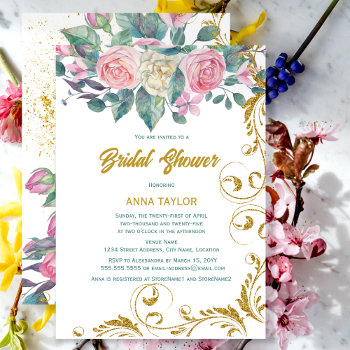 Botanical Gold Glitter Swirls Bridal Shower Invitation by SocialiteDesigns at Zazzle