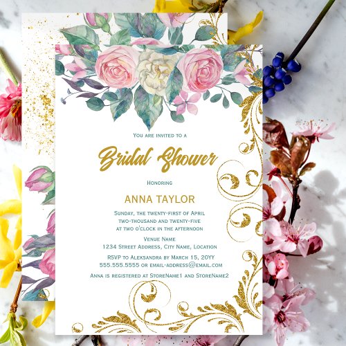 Botanical Gold Glitter Swirls Bridal Shower Invitation