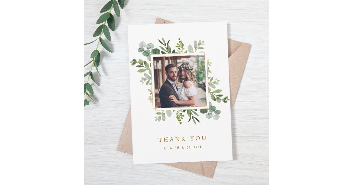 Botanical Gold Green Wedding Photo Thank You Card | Zazzle