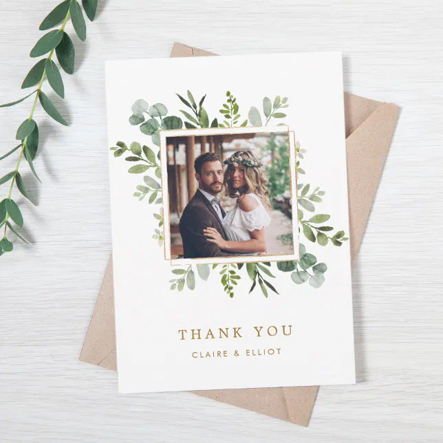 Botanical Gold Green Wedding Photo Thank You Card | Zazzle