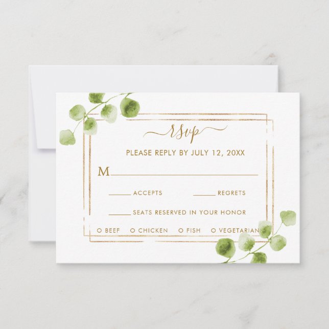 Botanical Gold Green Wedding RSVP with Meal Choice (Front)