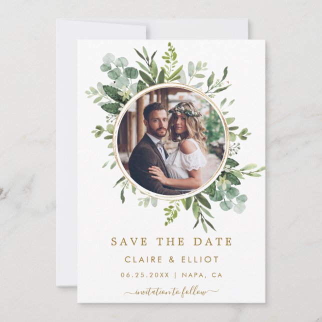Botanical Gold Green Wreath Wedding Photo Save The Date (Front)