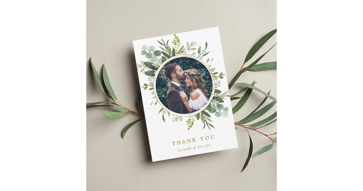 Botanical Gold Green Wreath Wedding Photo Thank You Card | Zazzle