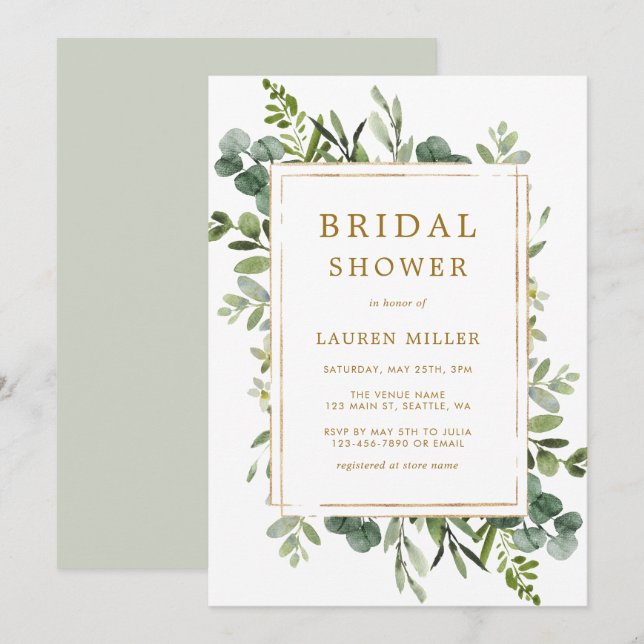 Botanical Gold Greenery Bridal Shower Invitation (Front/Back)