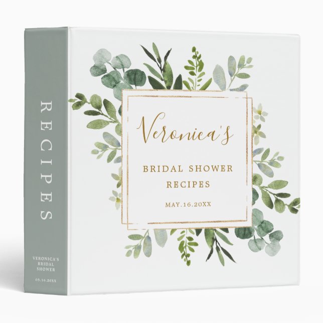 Botanical Gold Greenery Bridal Shower Recipe Book  3 Ring Binder (Front/Spine)