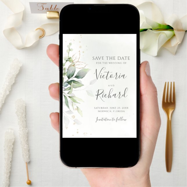 Botanical Gold Greenery Eucalyptus Wedding Save The Date (Front Digital)