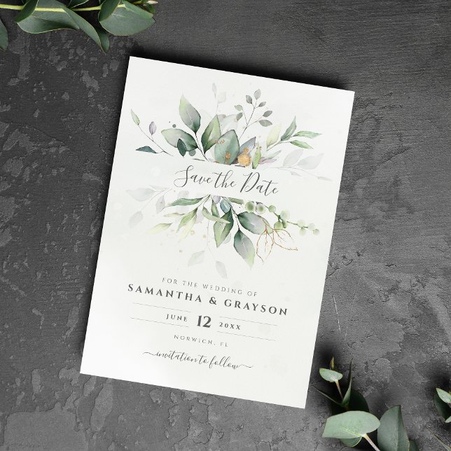Botanical Gold Greenery Eucalyptus Wedding Save The Date (Creator Uploaded)