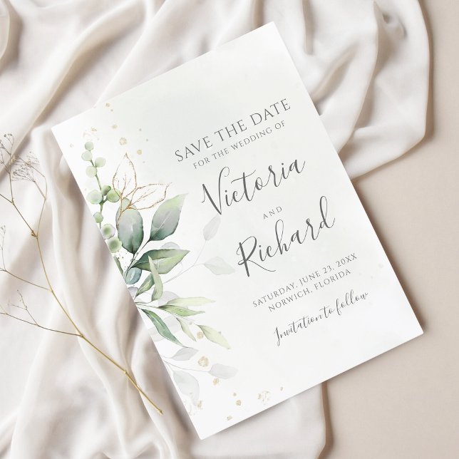 Botanical Gold Greenery Eucalyptus Wedding Save The Date (Creator Uploaded)