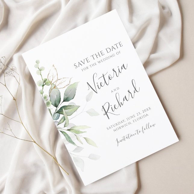 Botanical Gold Greenery Eucalyptus Wedding Save The Date (Creator Uploaded)