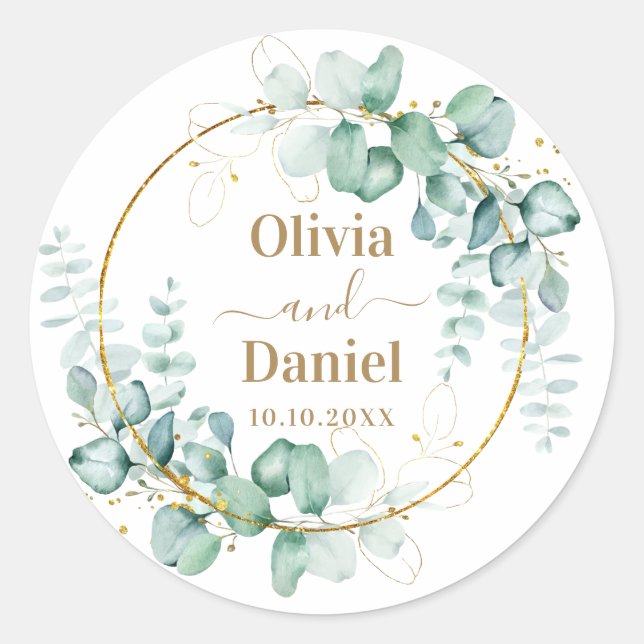 Botanical Gold Greenery Personalize For Wedding Classic Round Sticker (Front)