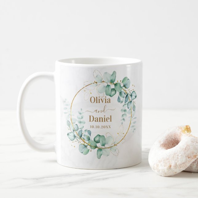 Botanical Gold Greenery Personalize For Wedding Coffee Mug (With Donut)