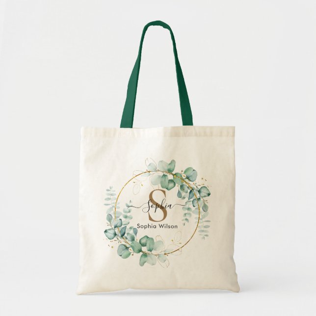 Botanical Gold Greenery Personalize Monogram Tote Bag (Front)