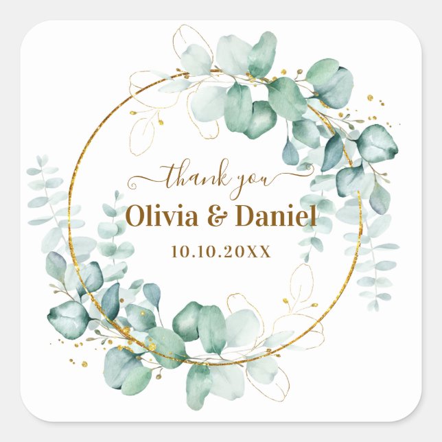 Botanical Gold Greenery Personalized Thank You Square Sticker (Front)