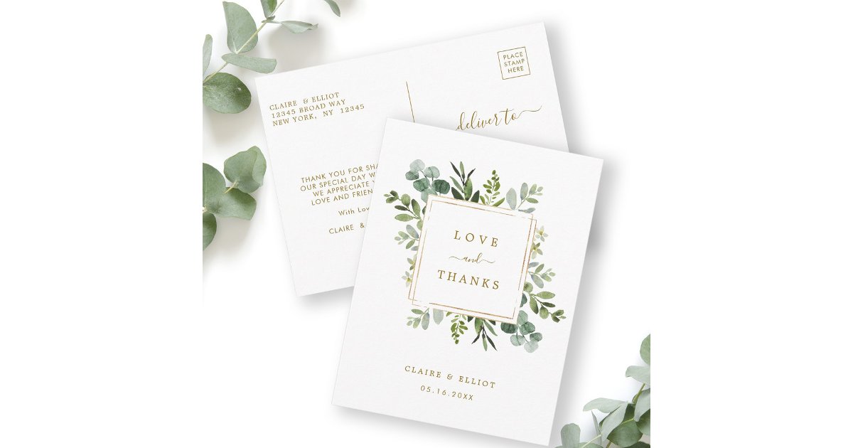 Botanical Gold Greenery Thank You Postcard | Zazzle