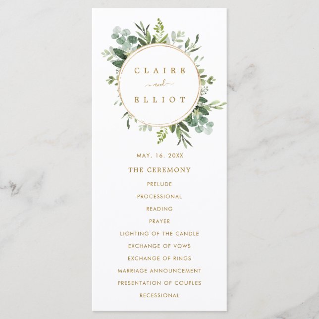 Botanical Gold Greenery Wedding Ceremony Program (Front)