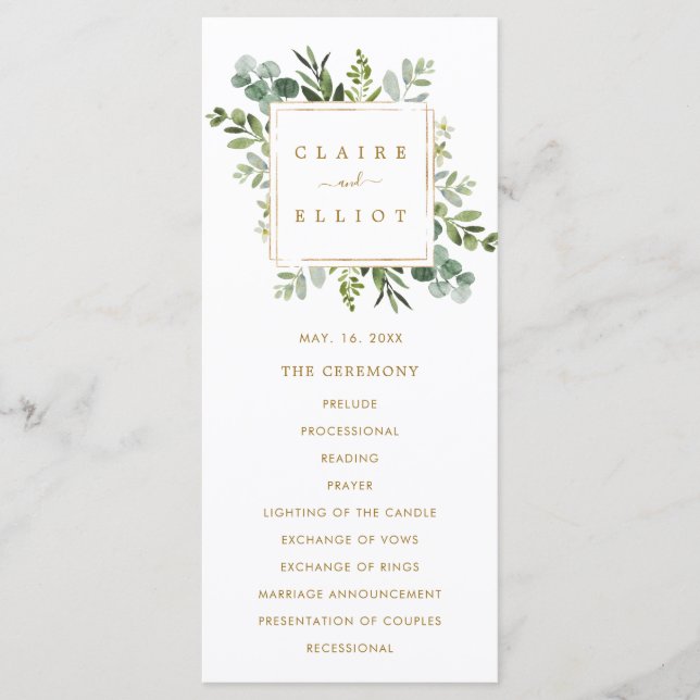 Botanical Gold Greenery Wedding Ceremony Program (Front)