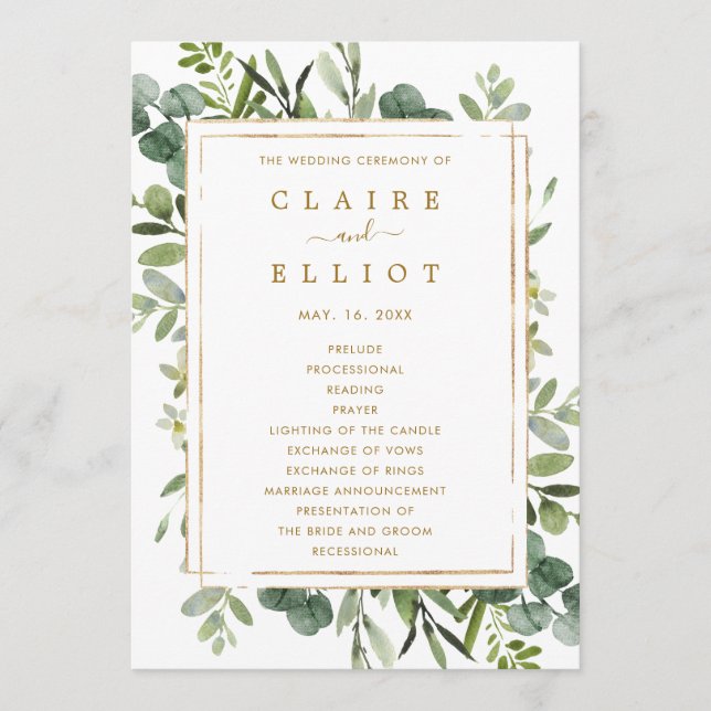 Botanical Gold Greenery Wedding Ceremony Program (Front)