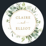 Botanical Gold Greenery Wedding Classic Round Sticker<br><div class="desc">This wedding sticker features painted watercolor eucalyptus greenery,  green leaves and a gold circular frame. For more advanced customization of this design,  Please click the "Customize further" link.  Matching items are also available.</div>