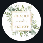 Botanical Gold Greenery Wedding Classic Round Sticker<br><div class="desc">This wedding sticker features painted watercolor eucalyptus greenery,  green leaves and a gold square frame. For more advanced customization of this design,  Please click the "Customize further" link.  Matching items are also available.</div>