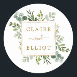 Botanical Gold Greenery Wedding Classic Round Sticker<br><div class="desc">This wedding sticker features painted watercolor eucalyptus greenery,  green leaves and a gold square frame. For more advanced customization of this design,  Please click the "Customize further" link.  Matching items are also available.</div>