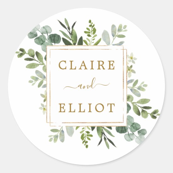 Botanical Gold Greenery Wedding Classic Round Sticker